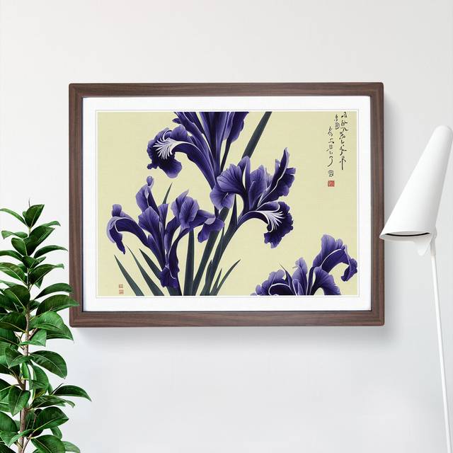 Japanese Iris Flowers - Picture Frame Graphic Art - Walnut Framed (25cm H x 34cm W x 2cm D)