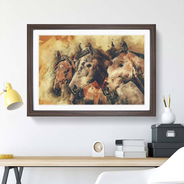 Trio of Horses in Abstract - Picture Frame Painting Print - Walnut (40cm H x 60cm W x 2cm D)