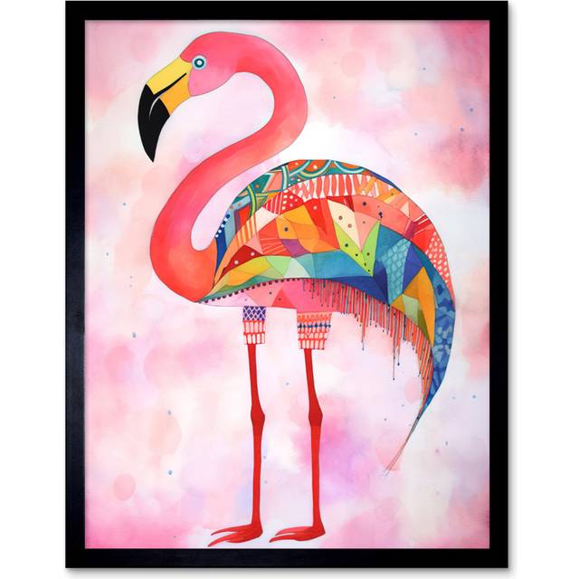 Flamingo Bird With Multicolour Patterns Folk Art Watercolour Painting Artwork Framed Wall Art Print 9X7 Inch - Multicoloured (25.9cm H X 20.6cm W)