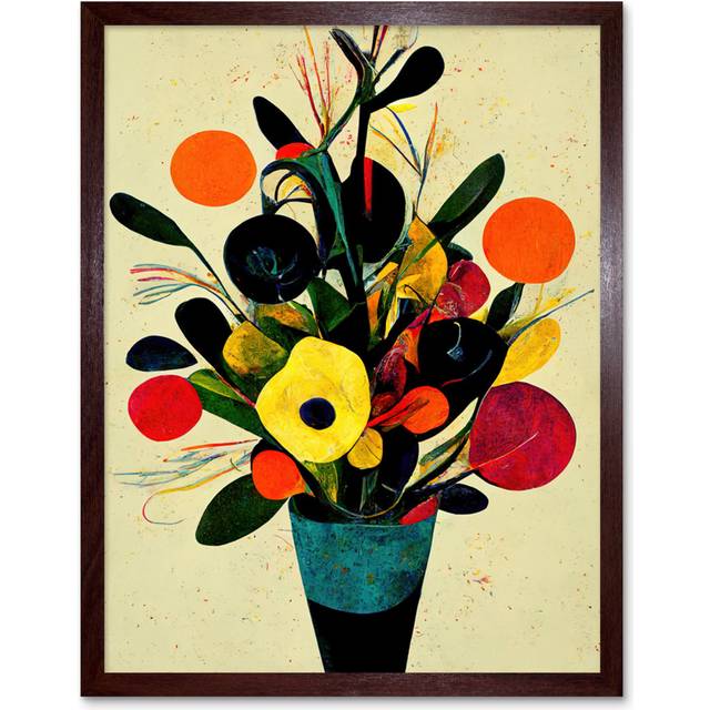 Autumnal Flower Bouquet Vase Midcentury Abstract - Painting - Brown Framed Paper (25.9cm H x 20.6cm W)