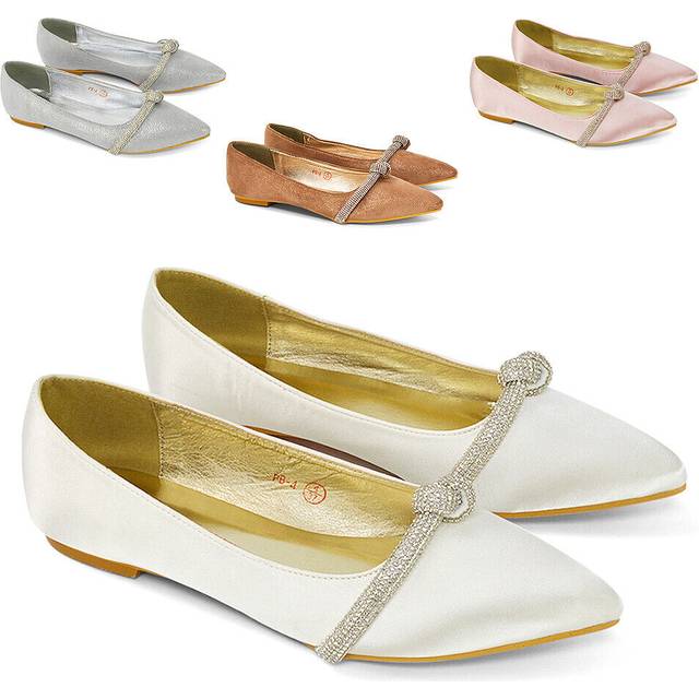 'Halley' Flat Heel Pointed Toe Sparkly Embellished Diamante Bridal Pumps - Ivory - 4