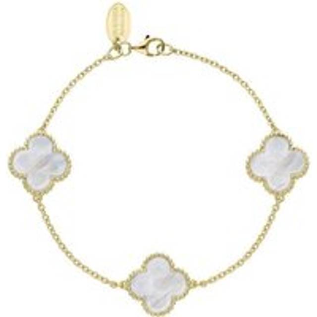 9ct Yellow Gold White Mother of Pearl Bloom Four Leaf Clover Ball Edge Chain Bracelet