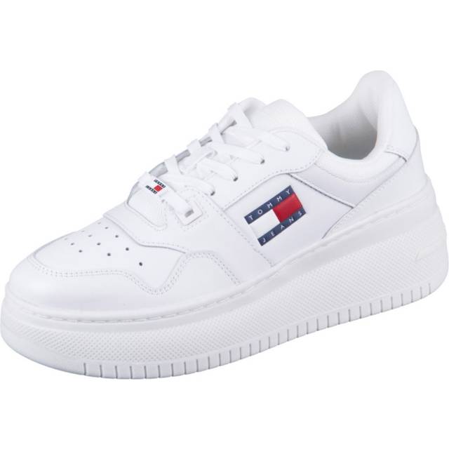 Tommy Jeans för kvinnor. EN0EN02506 Essential läder basketskor vit (36), Hud, 5 till 8 cm, Nyckelband, Casual - Vit, Läder (36)