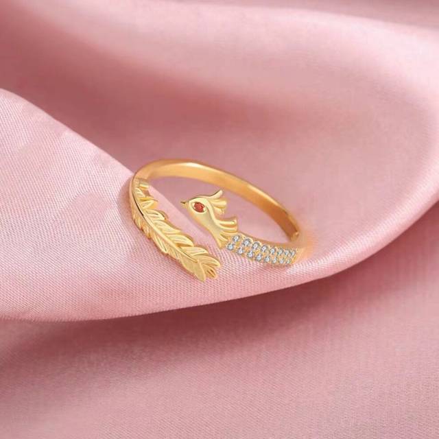 (Dot Diamond Ring) Gold Elegant Plated Dragon And Phoenix Open Ring For Couples In Stylish Design