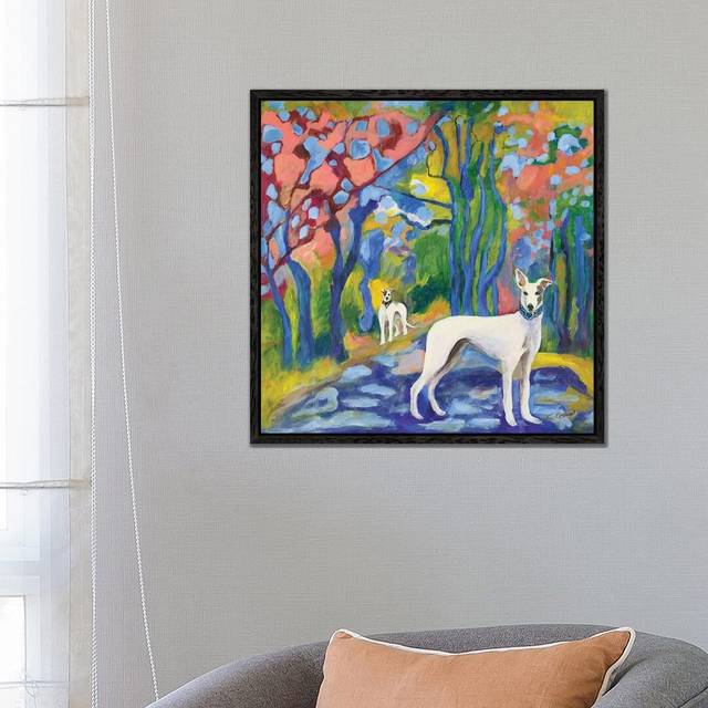 Greyhound Stroll by Connie Collum - Painting Print on Canvas - Black Framed (66.04cm H x 66.04cm W x 3.81cm D)