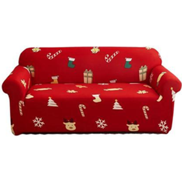 (2 Seater) Sofa Cover Red Christmas Tree Snowflakes Design Non Slip Stretchable Slipcover