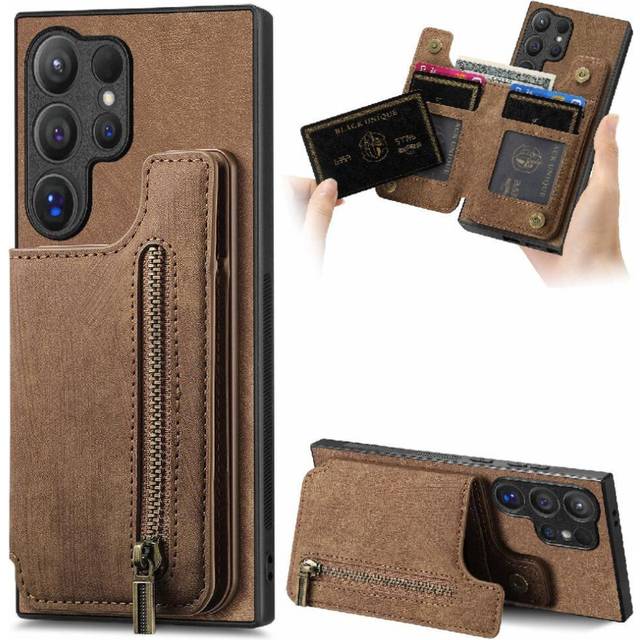 (Brown) Case for Samsung Galaxy S24 Ultra Stand Function Foldable Back Cover Vintage Zipper Wallet