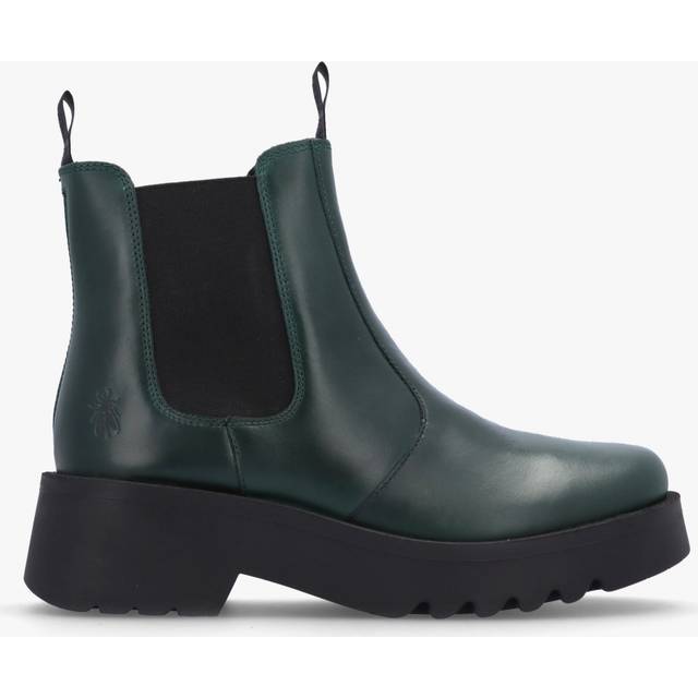 FLY LONDON Medi Petrol Leather Chunky Chelsea Boots Size: 36, Colour: Green Leather
