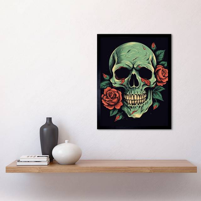 Aarie Old School USA Tattoo Ink Body Art Skull Rose Americana 50s - Single Picture Frame Art Prints - Multicoloured (43.3cm H X 33.3cm W)