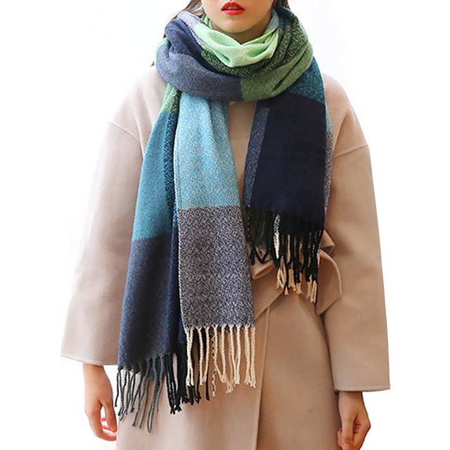 Loritta Womens Scarf Fashion Long Plaid Shawls Wraps Big Grid Winter Warm Lattice Large Scarves Gifts  Green Water Blue Plaid