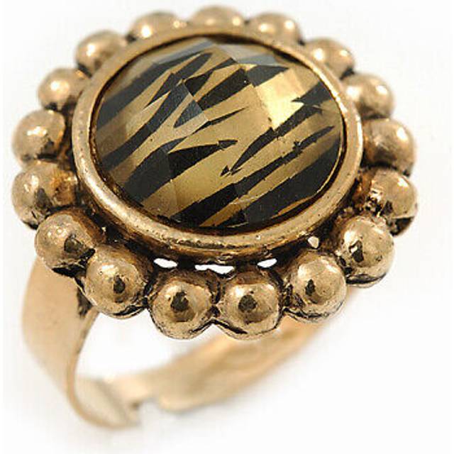 Antique gold effect round 'tigra' animal print ring with acrylic gem - 20mm