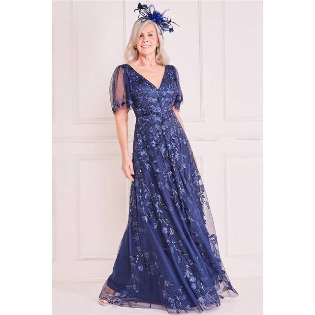 Goddiva Embroidered Flared Sleeve Maxi - Navy - 16