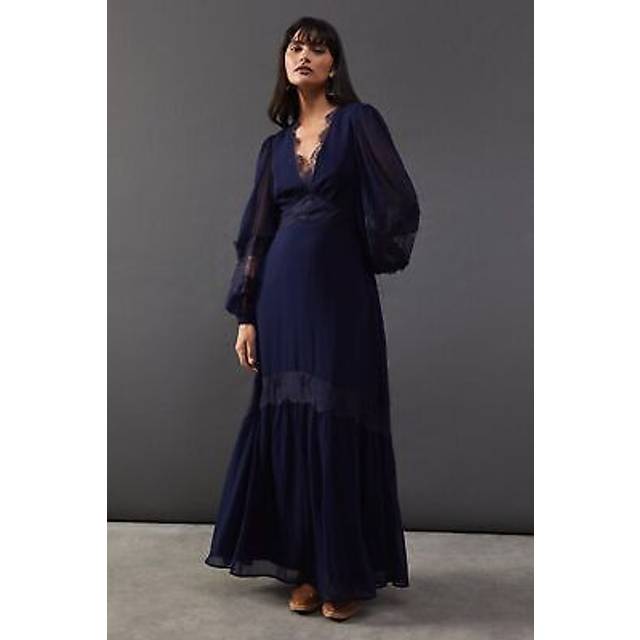 Womens Chiffon Lace Insert Plunge Neck Maxi Dress - Navy - 8