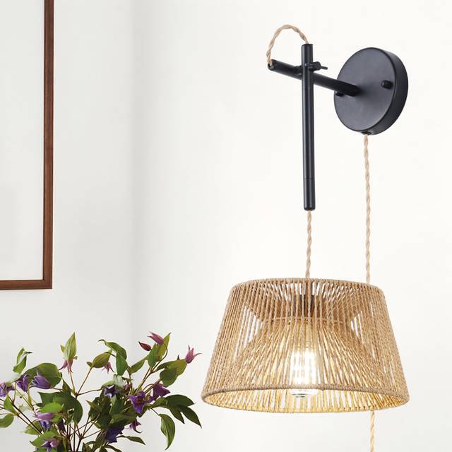 Elena Rattan Plug-in Swing Arm Sconce with Bulb Included - Black (57cm H X 27cm W X 41cm D)