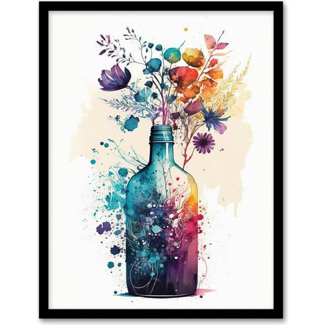 Gin Bottle Flowers Painting Blue Purple Orange - Single Picture Frame Art Prints (43.3cm H X 33.3cm W)