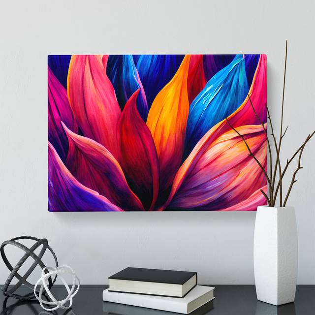 Delightful Modern Flowers Abstract - Wrapped Canvas Graphic Art - Blue;Yellow;Pink (50cm H x 76cm W x 3cm D)