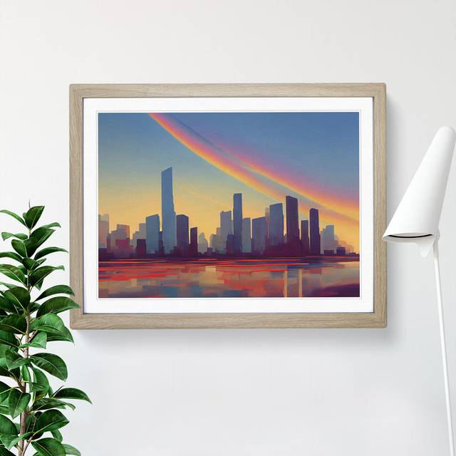 Adventurous City Skyline Architecture - Picture Frame Painting - Oak Framed (34cm H x 46cm W x 2cm D)