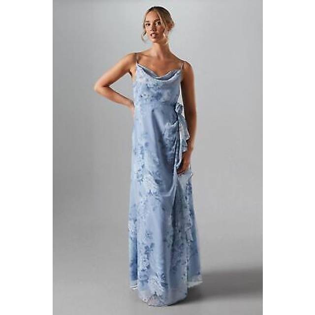 Printed Cowl Neck Ruffle Skirt Corsage Georgette Bridesmaid Dress - Pale Blue - 14