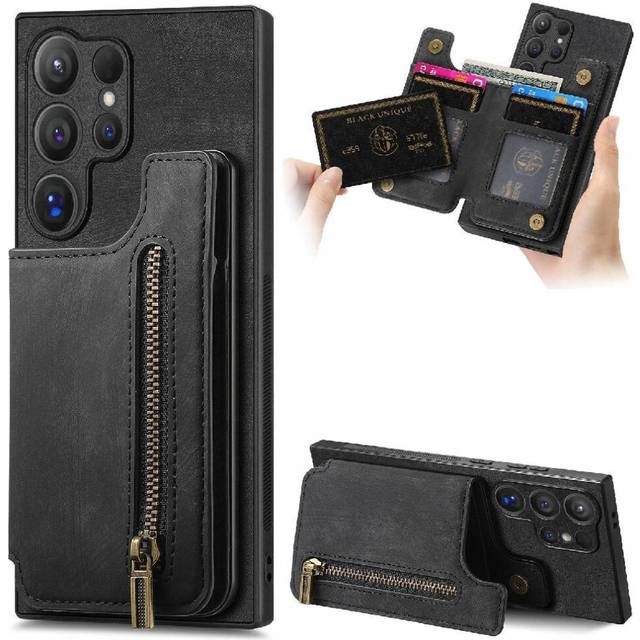 (Black) Case for Samsung Galaxy S24 Ultra Stand Function Foldable Back Cover Vintage Zipper Wallet
