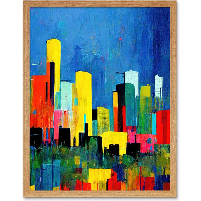 Abstract Midcentury Style Cityscape Skyline - Art Prints - Light Brown Framed Paper (25.9cm H x 20.6cm W x 1.5cm D)