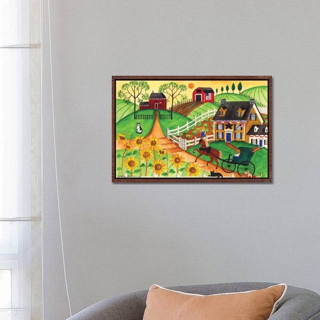 Country Sunflower Quilt Farm by Cheryl Bartley - Graphic Art Print on Canvas - Classic Brown Wood Framed (66.04 cm H x 45.72 cm W)