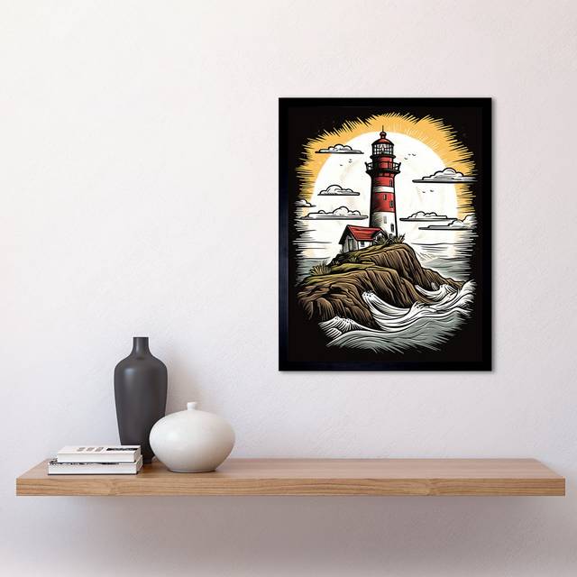 Tomita Lighthouse On Cliff Old School USA Tattoo Ink Body Americana 50s - Single Picture Frame Art Prints - Multicoloured (43.3cm H X 33.3cm W)