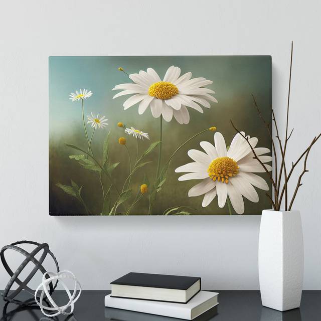 Artsy Daisy Flowers - Wrapped Canvas Graphic Art - White;Green;Yellow (35cm H x 50cm W x 3cm D)