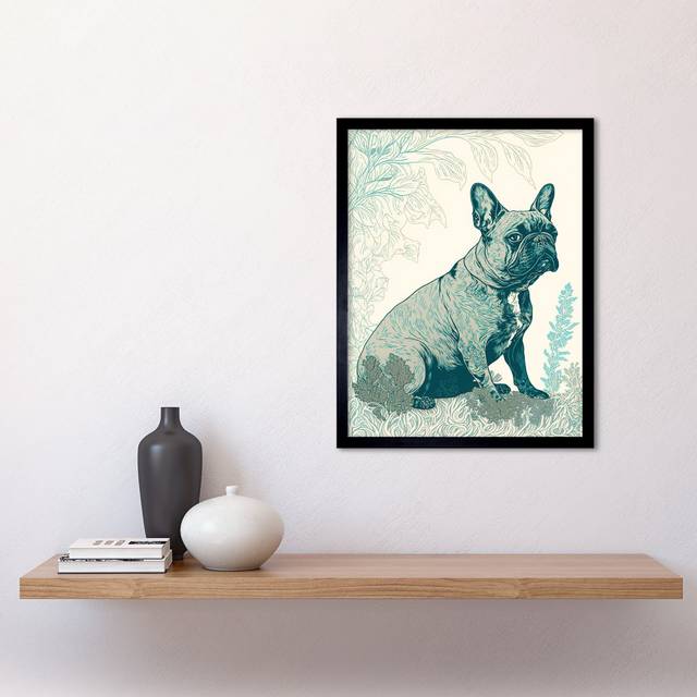 French Bulldog Sitting in the Park Modern Monochrome Linocut - Single Picture Frame Art Prints - Cream;Teal (43.3cm H X 33.3cm W)