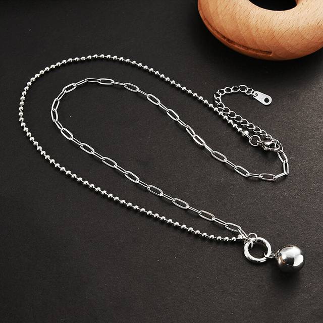 (Roman Bead Steel Chain) Heart Trendy Shape Titanium Steel Necklace Featuring Stylish Black And White Checkerboard Design