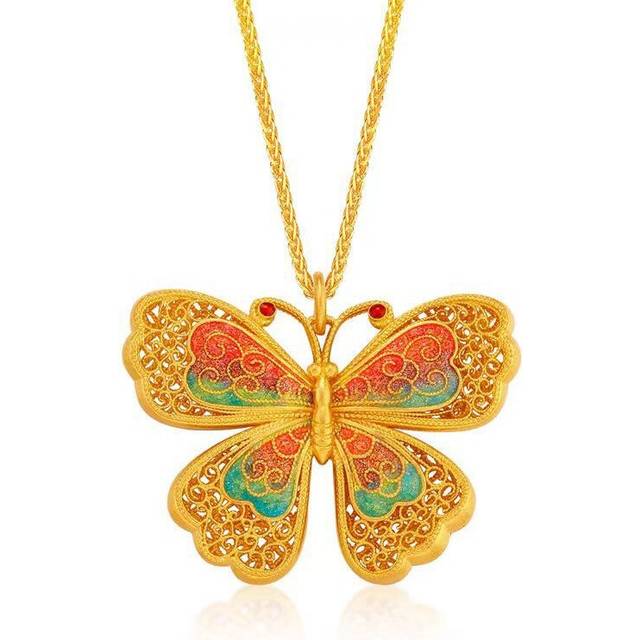 (Chopard Neckl) Silk Flower Elegant Enamel Butterfly Ring And Pendant Jewelry Set In Golden Color