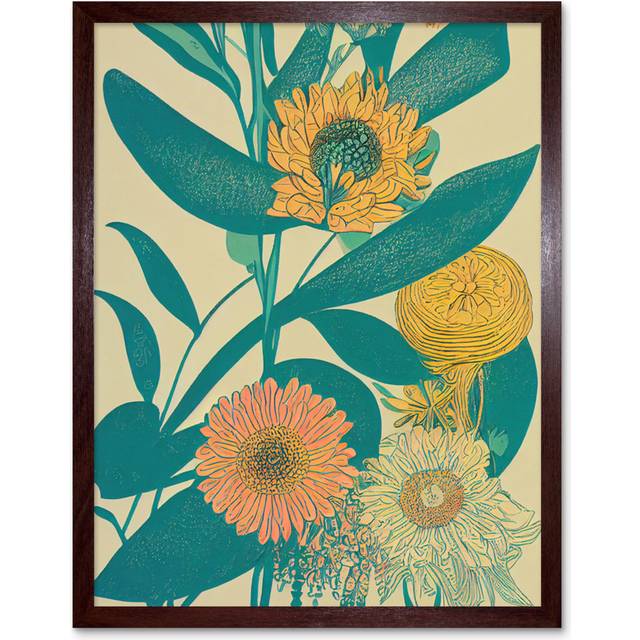 Marigold Daisy Flowers Turquoise Leaves Abstract - Art Prints - Brown Framed Unframed (25.9cm H x 20.6cm W x 1.5cm D)
