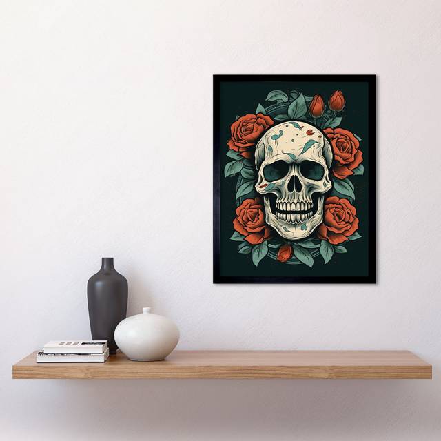 Bermang Skull Roses - Single Picture Frame Art Prints - Multicoloured (43.3cm H X 33.3cm W)