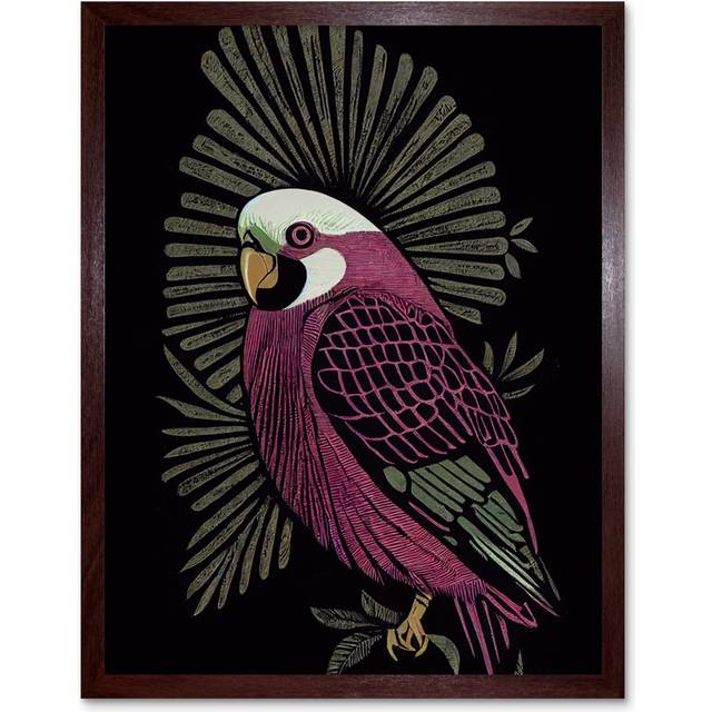 Tropical Bird Jungle Linocut Retro Vintage - Art Prints - Brown Framed Paper (25.9cm H x 20.6cm W x 1.5cm D)