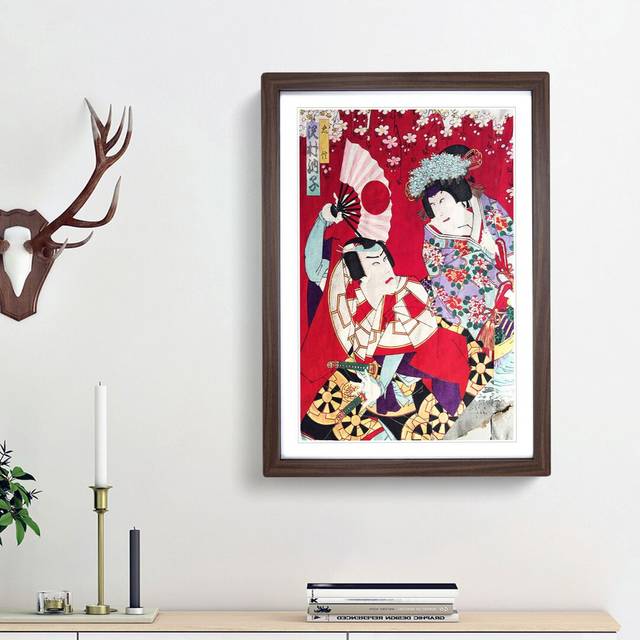 Man & Woman Under a Cherry Blossom by Toyohara Kunichika - Picture Frame Painting Print - Walnut Framed (36cm H x 27cm W x 2cm D)