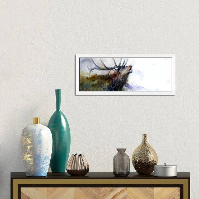 &#39;Elk II&#39; by Dean Crouser - Floater Frame Panoramic Painting Print on Canvas - White (30.48cm H X 91.44cm W)