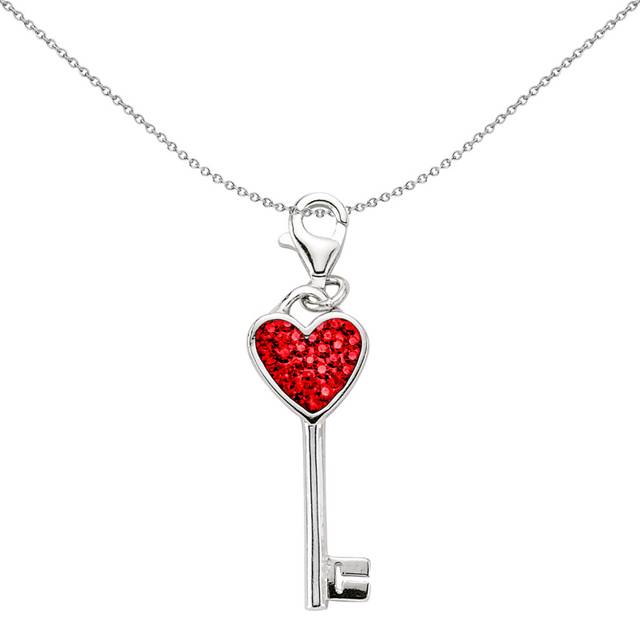 Jewelco London Unisex Sterling Silver Red Crystal & Enamel Love Heart Key Lobster Clasp Link Charm - CM096