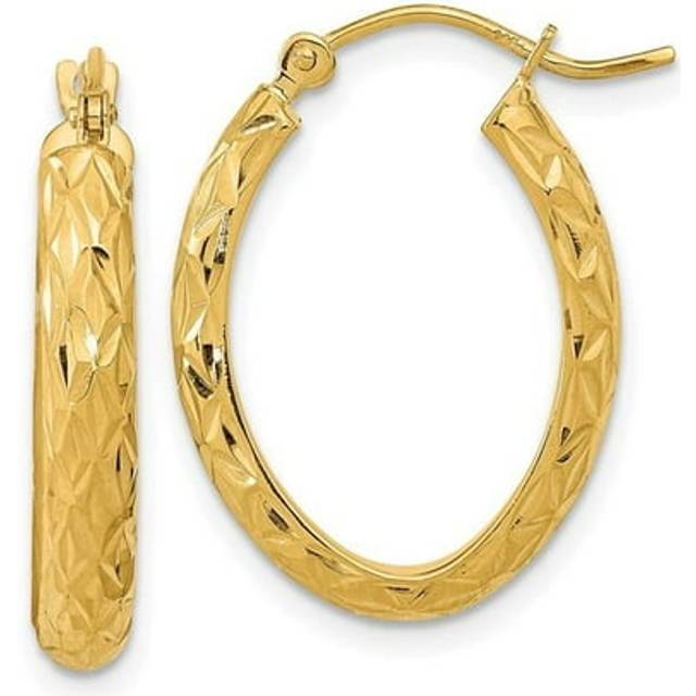 14K Yellow Gold Polished Diamond-Cut Fancy Oval Hoop Earrings