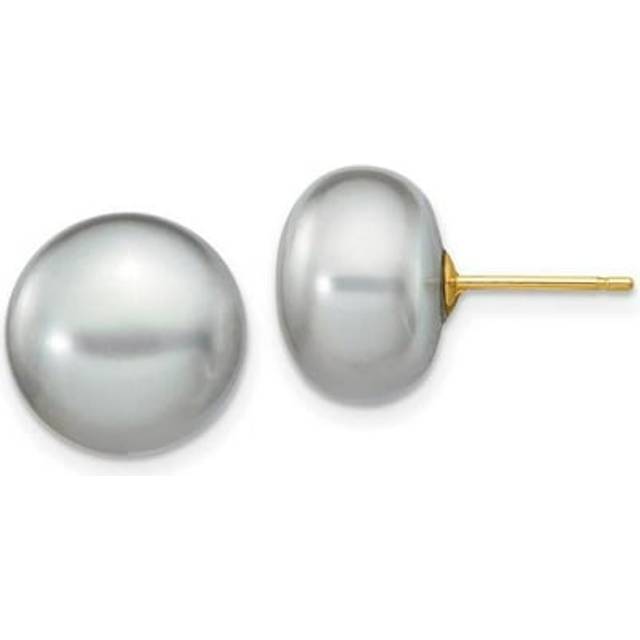 14K Yellow Gold 11-12 mm Grey Button Freshwater Cultured Pearl Stud Post Earrings