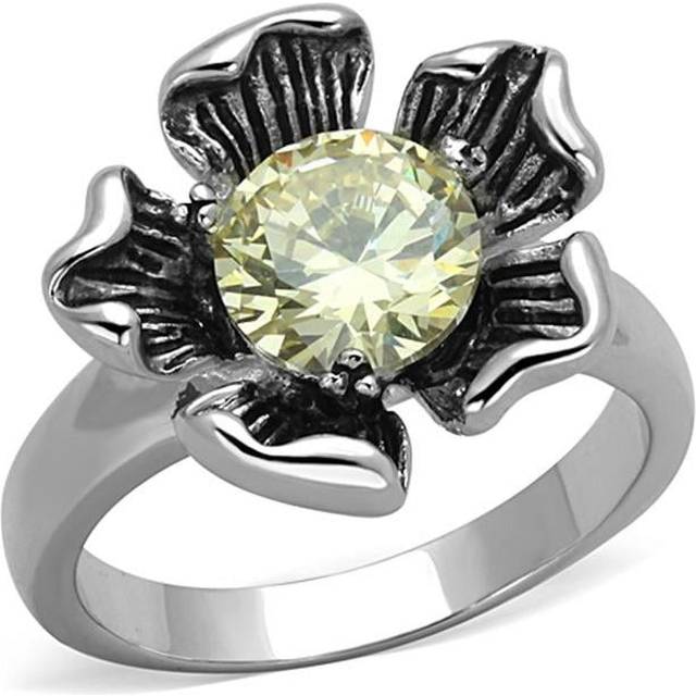 Rhodium Brass Ring with AAA Grade CZ, Citrine Yellow - Size 6