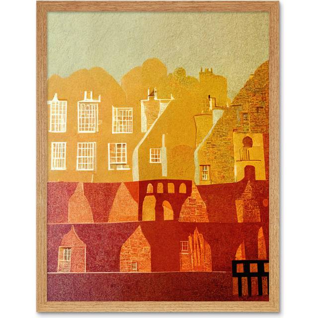 Vintage Folk Art Midcentury Cityscape Abstract - Art Prints - Light Brown Framed Unframed (25.9cm H x 20.6cm W x 1.5cm D)