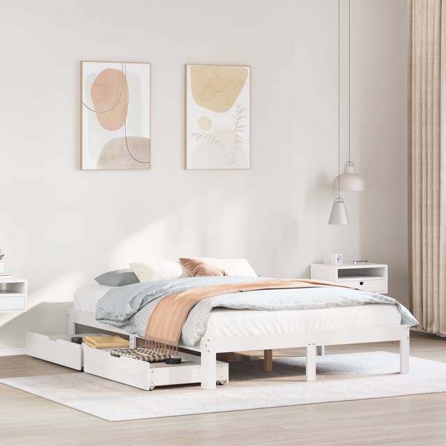 Sängram med lådor vit 150x200 cm massiv furu