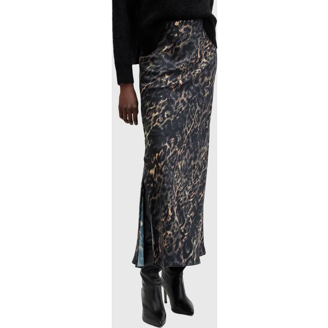 AllSaints – Bryony – Leopardmönstrad maxikjol i satin-Brun