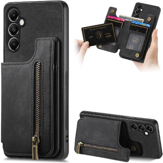 (Black) Case for Samsung Galaxy A05s Stand Function Vintage Zipper Wallet Foldable Back Cover