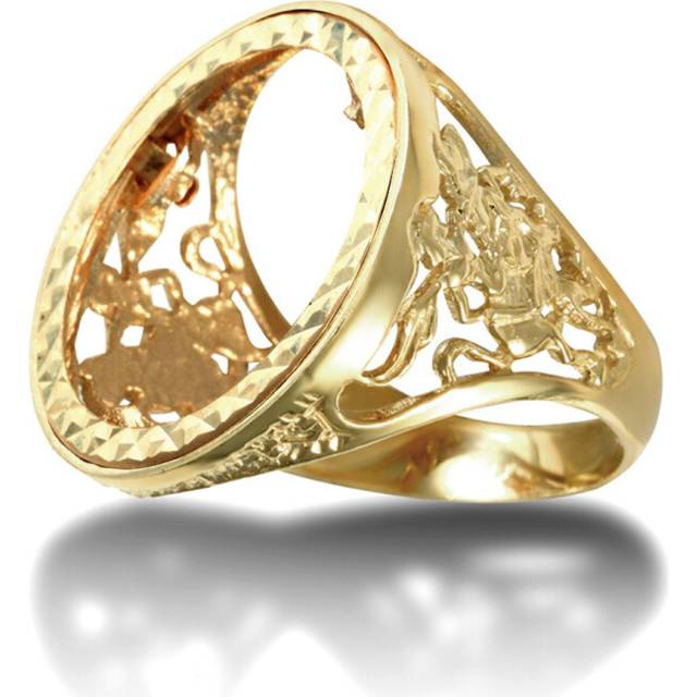 (U) Jewelco London Men's Solid 9ct Yellow Gold St George Dragon Slayer Full Sovereign Mount Ring - JRN175-F