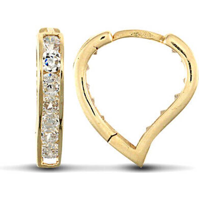 Jewelco London Ladies Solid 9ct Yellow Gold White Round Brilliant Cubic Zirconia Love Heart Huggie Earrings - JER716