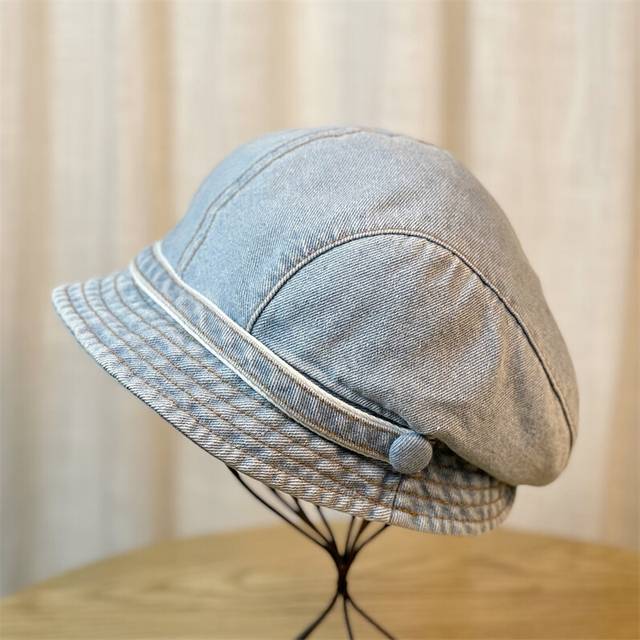 (Light Blue) Korean Little Cowboy Fisherman Hat Female English Short Brim Beret Hat Can Be Folded