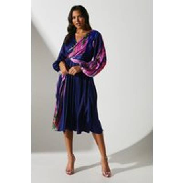 Satin Long Sleeve Printed Midi Wedding Guest Dress - Navy - 10