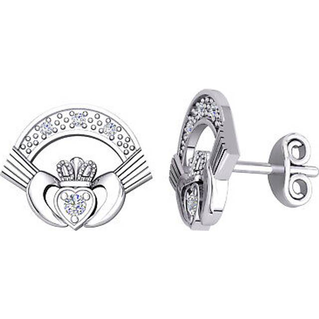 Jewelco London Ladies Platinum Plated Sterling Silver CZ Fanned Claddagh Cluster Stud Earrings - EAG1186