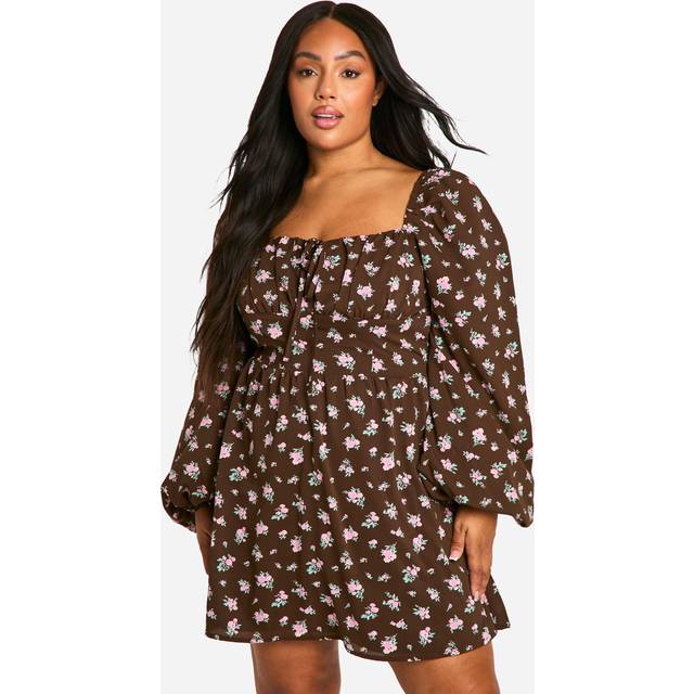 Womens Plus Floral Balloon Sleeve Milkmaid Skater Dress - Brown - 16