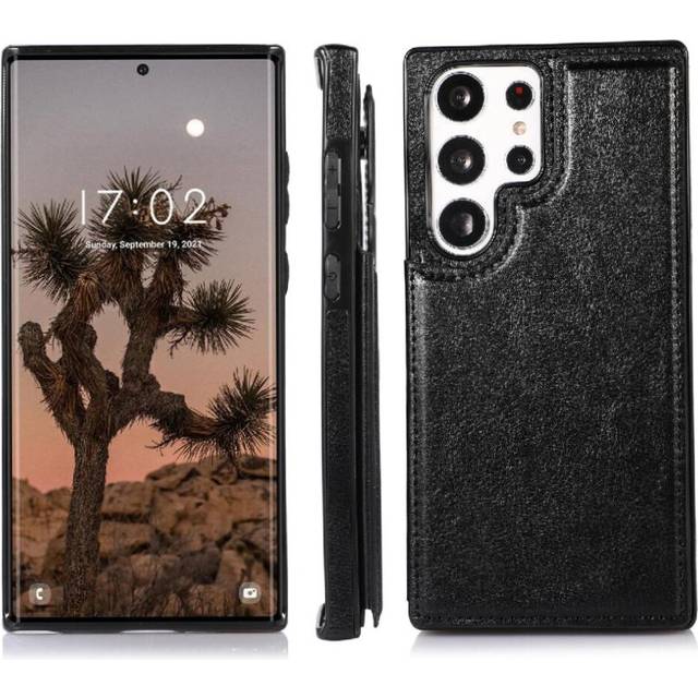 (Black) Wallet Case for Samsung Galaxy S23 Ultra Card Slots Double Magnetic Clasp Kickstand with Card Holder Pu Leather